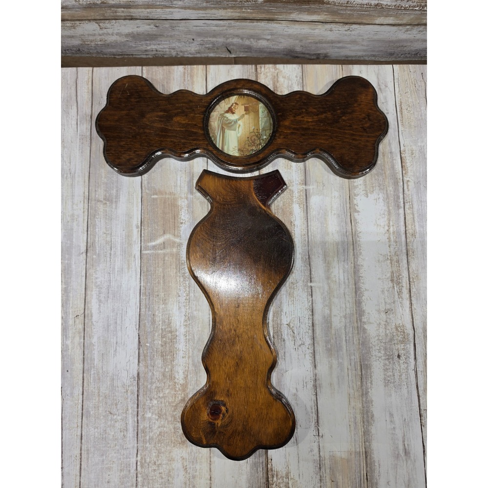 Vintage Wood Wall Cross Jesus Knocking at Door Scalloped Religious Decor READ